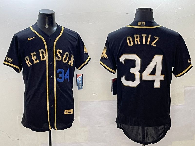 Men Boston Red Sox #34 Ortiz Black Gold three generations Elite 2025 Nike MLB Jersey style 3